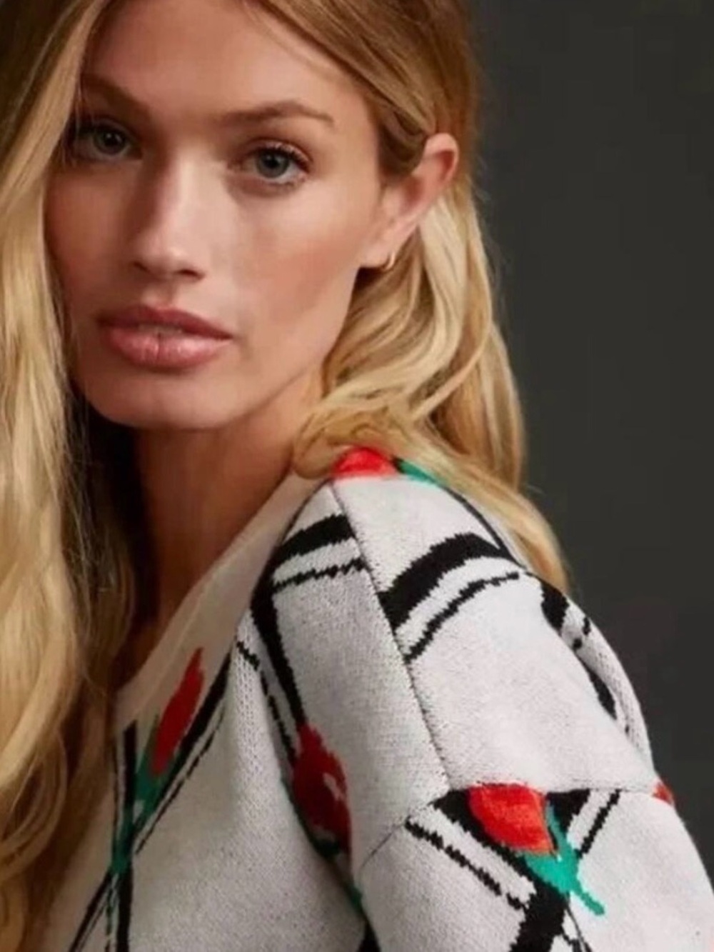 EUC! Maeve Cream Crewneck Sweater with Red Rose & Green Leaf Pattern